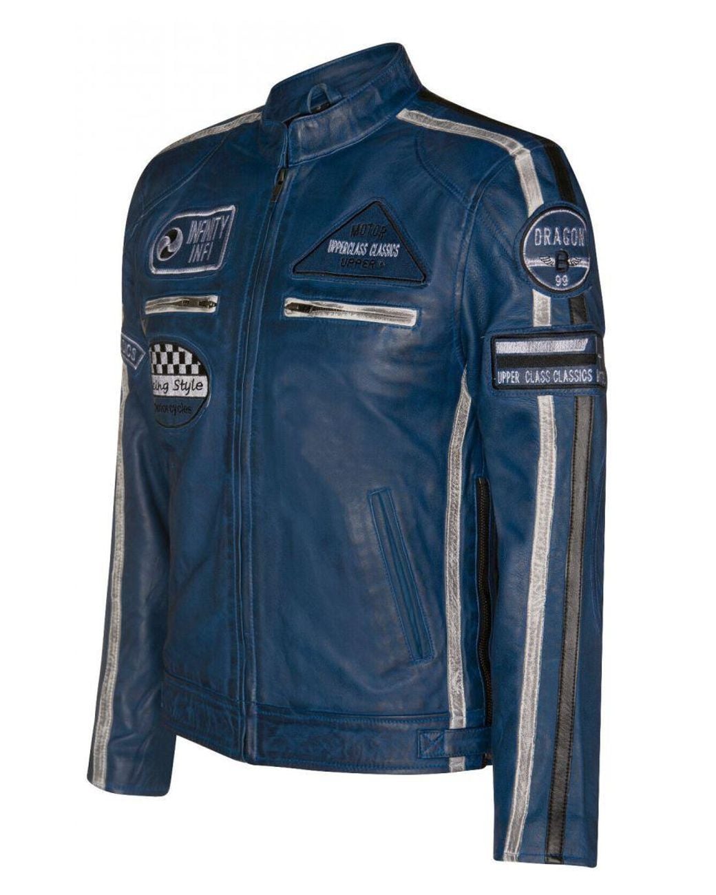 Infinity Leather Blue Zipped Racing Biker Moto Jacket for men