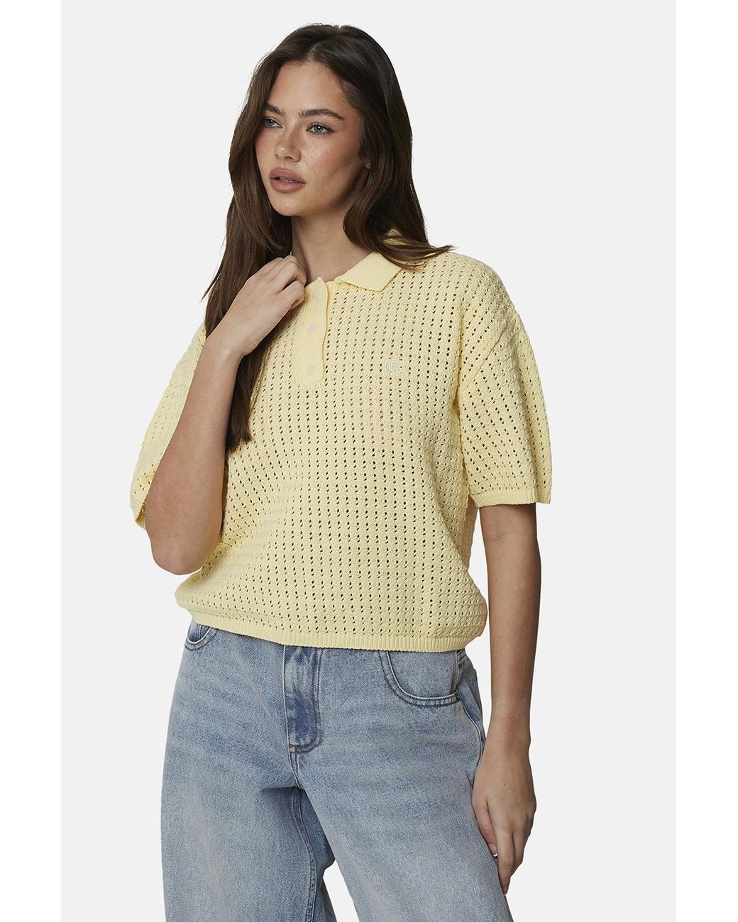 Good For Nothing Natural Cropped Pointelle Knit Polo Shirt