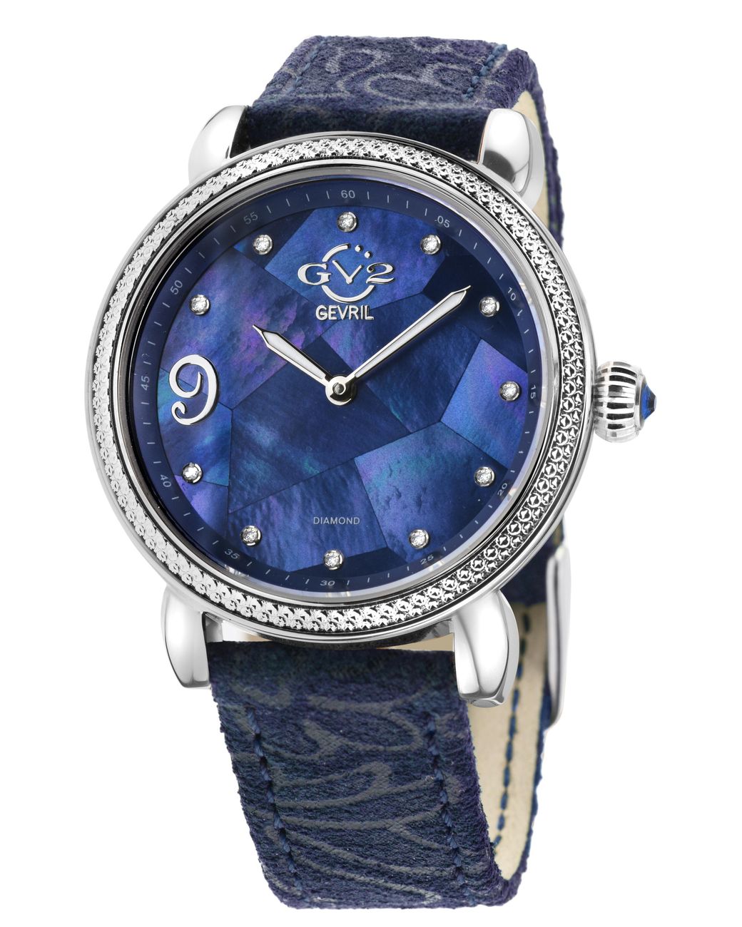 Gv2 Blue Ravenna Swiss Quartz Diamond Mother Of Pearl Dial Suede Embossed Watch Leather