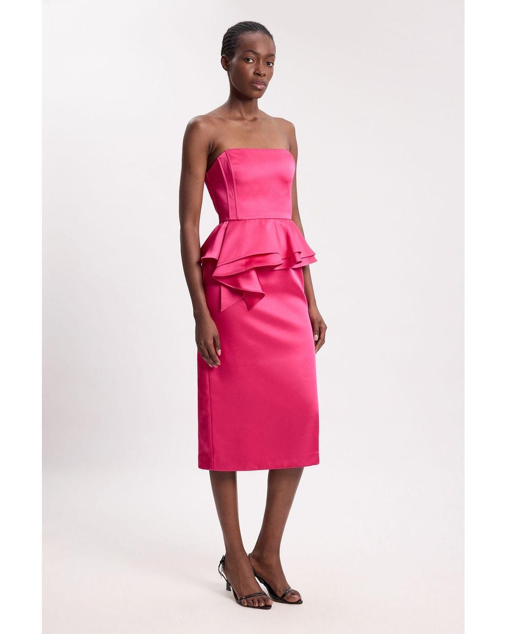 Karen Millen Pink Bonded Satin Peplum Pencil Woven Midi Dress