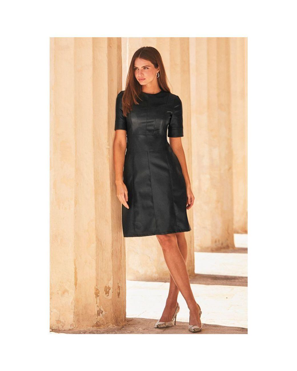 Sosandar Black Leather Look Panelled Shift Dress