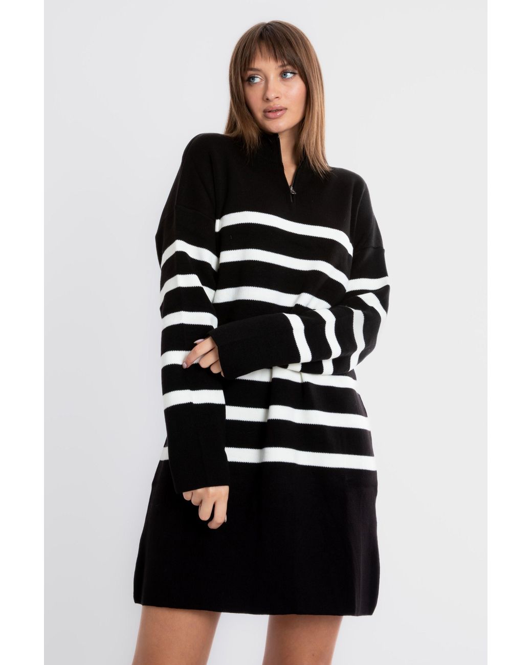Hiccup Black Knitted Striped Long Sleeve Mini Dress With A Zippered Neck