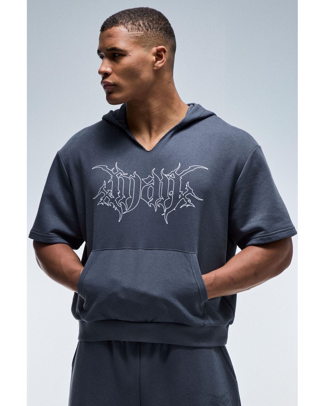 BoohooMAN Blue Active Boxy Short Sleeve Hoodie V Neck for men