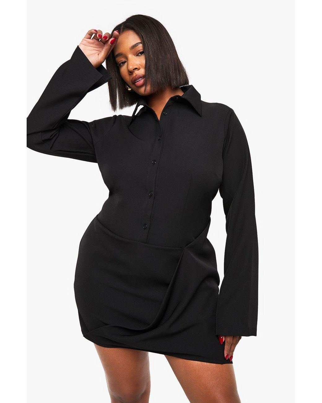 Boohoo Black Plus Drape Front Shirt Dress