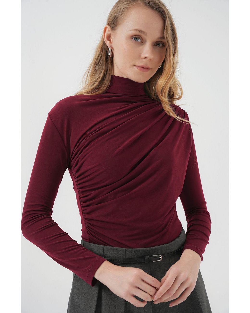 Bigdart Red Fitted Turtleneck Blouse With Drape Detail