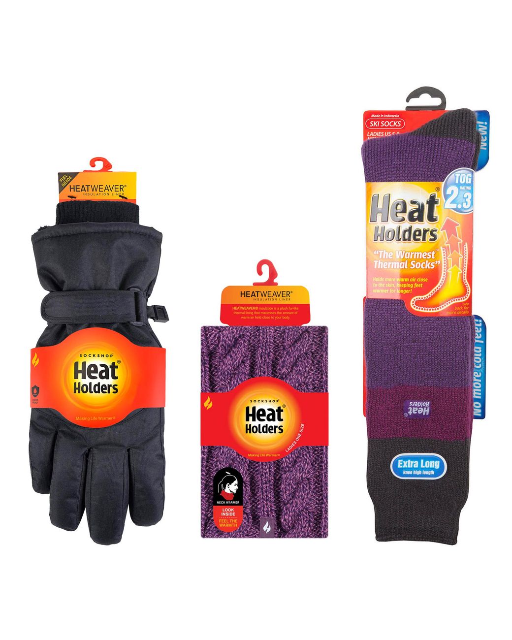 Heat Holders Purple Ladies Ski Set Neck Warmer Gloves & Thermal Ski Socks Winter Wear