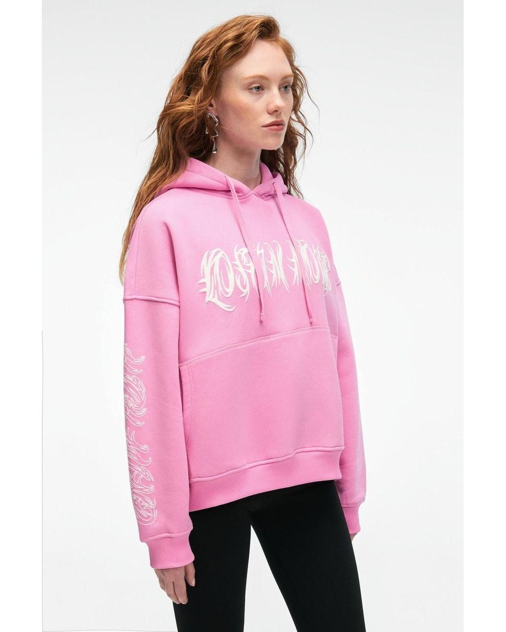 Grimelange Pink Oversized Hooded Printed Sweatshirt