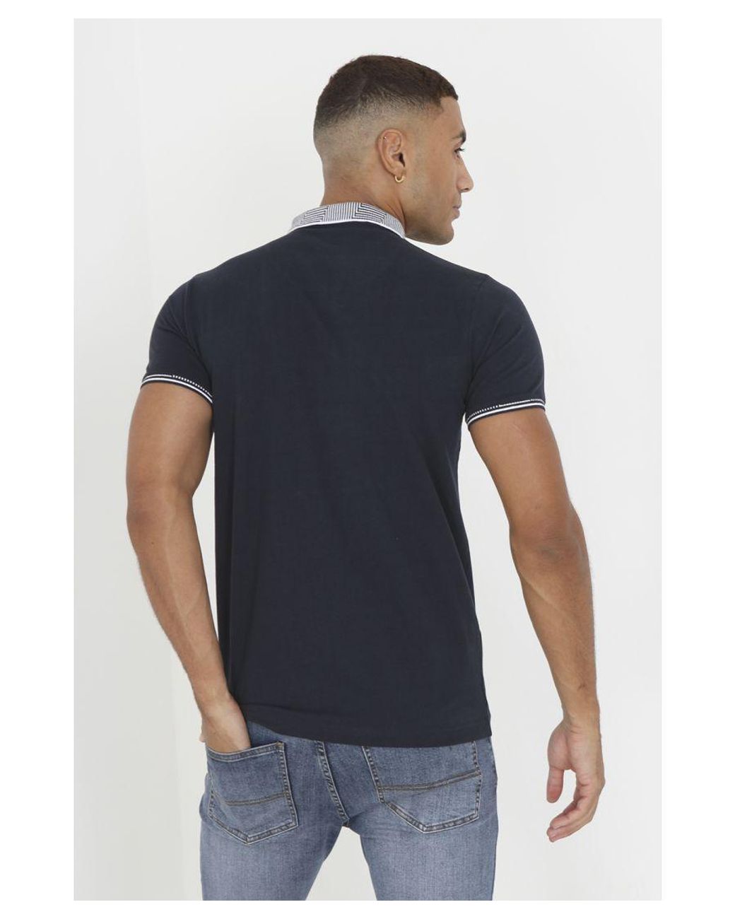 Brave Soul Blue 'Glover' Short Sleeve Jacquard Collar Jersey Polo Shirt Cotton for men