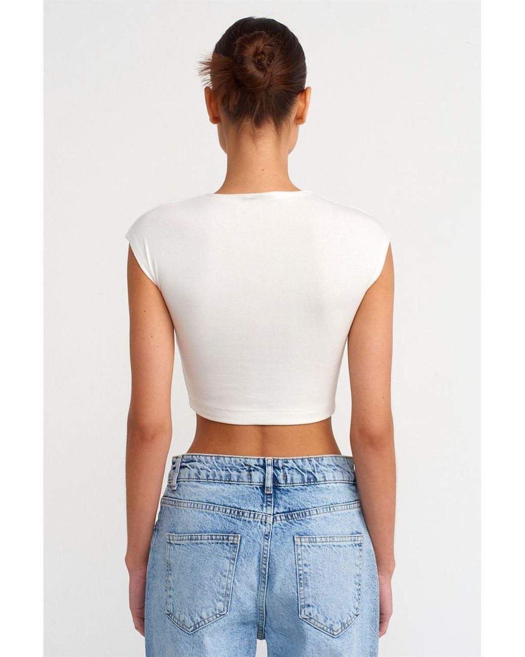 Dilvin White Slim Fit Crop Jersey Blouse