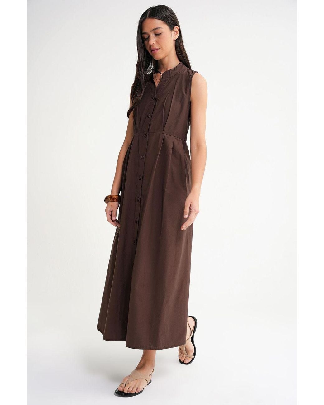 MixRay Brown Buttoned Tippet Collar Maxi Dress