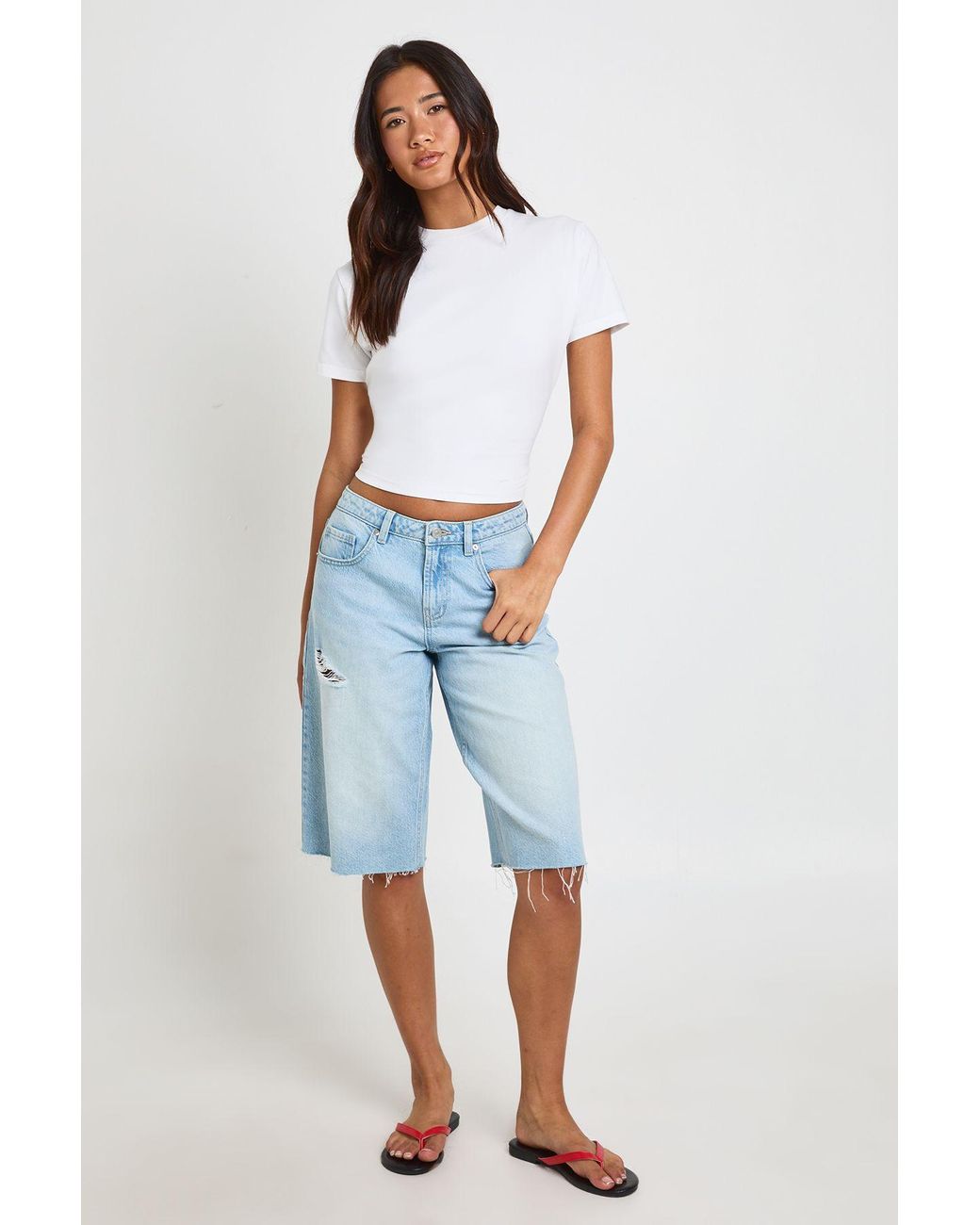 Boohoo Blue Mid Waist Ripped Denim Jorts
