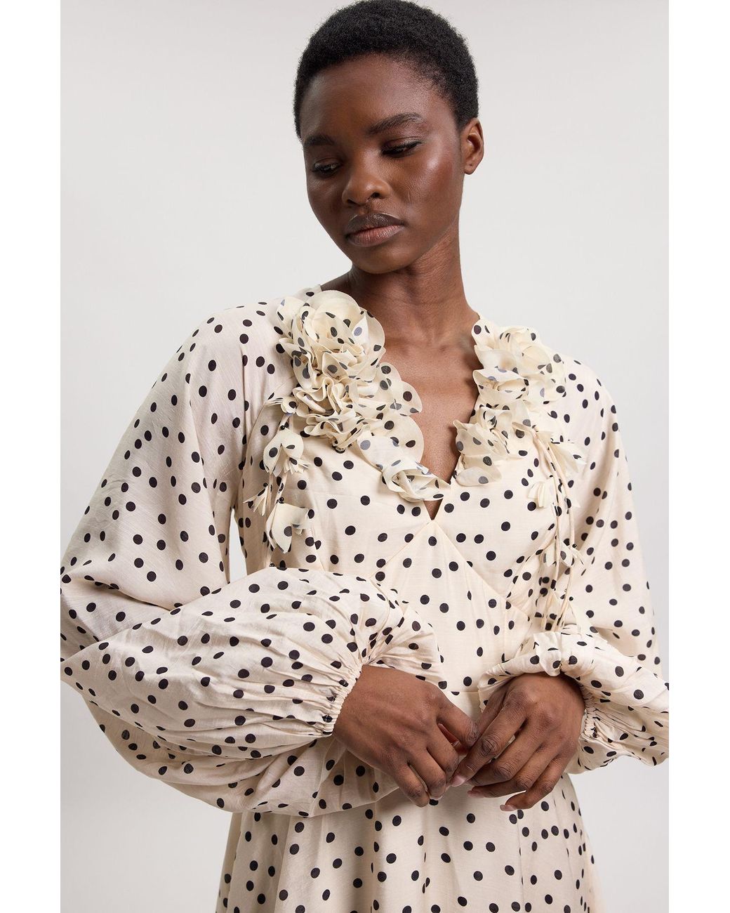 Karen Millen Natural Applique Spot Printed Woven Cold Shoulder Mini Dress