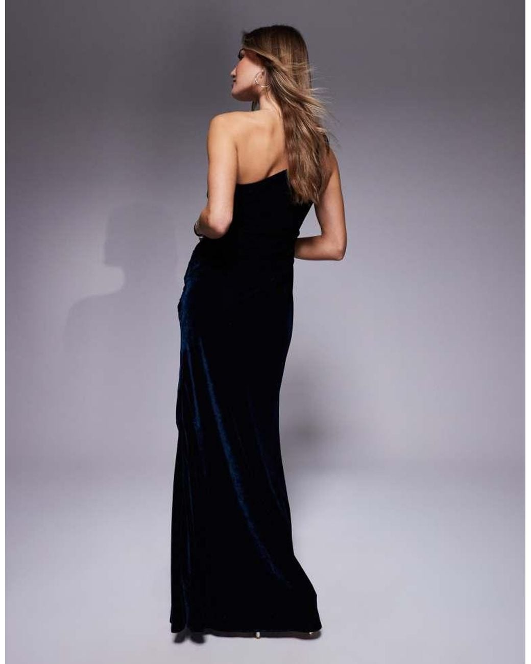 ASOS Blue One Shoulder Drape Velvet Maxi Dress With Thigh Split