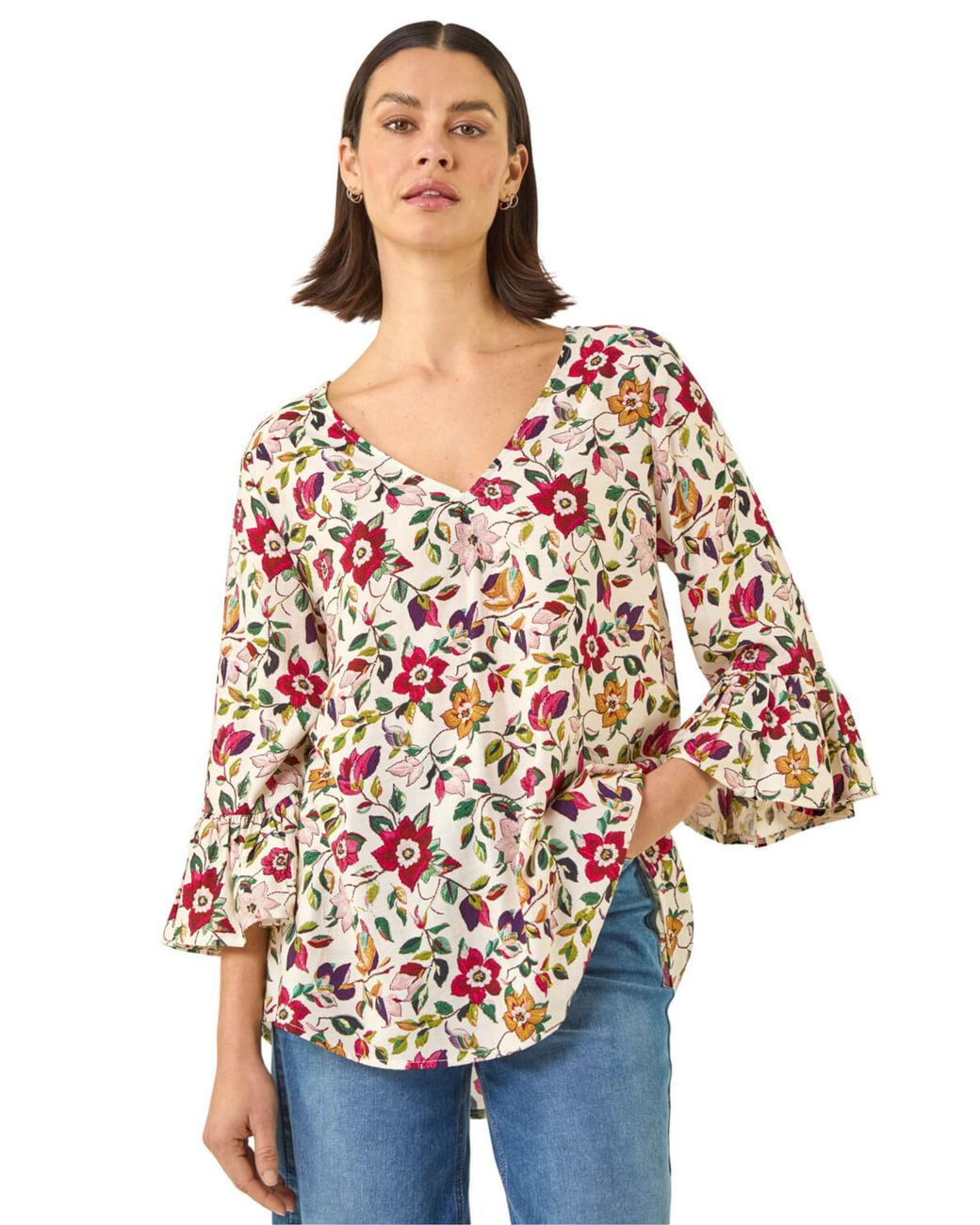 Roman Red Floral Print Flare Sleeve Top