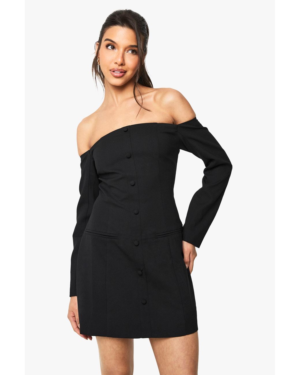 Boohoo Black Bardot Tailored Button Down Mini Dress