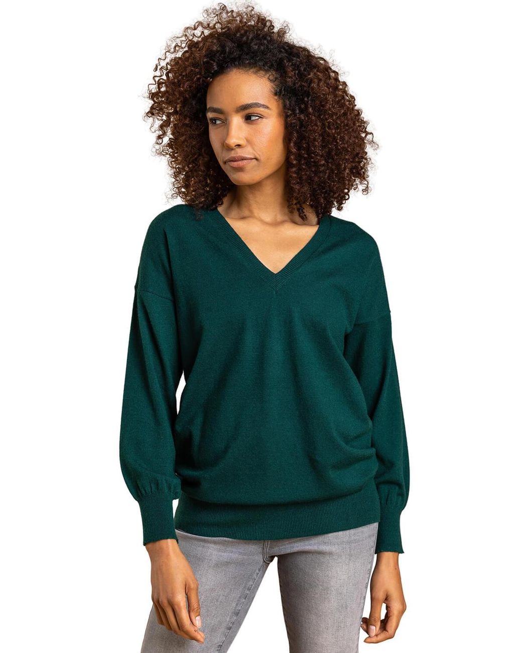 Roman Green Plain V-Neck Stretch Jumper