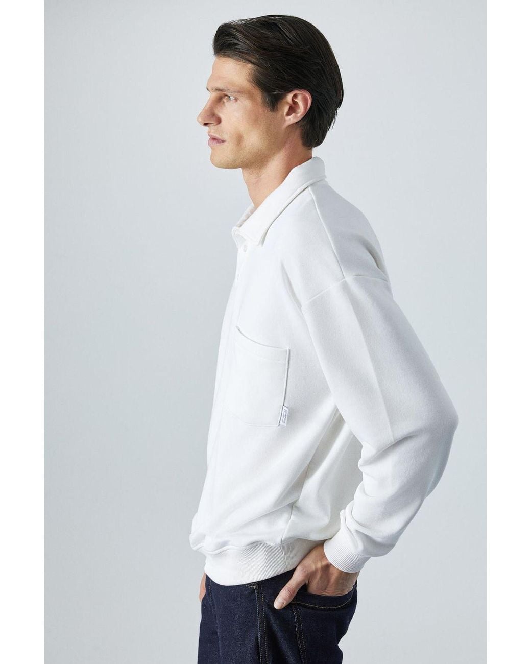Grimelange White Polo Collar Button Sweatshirt for men