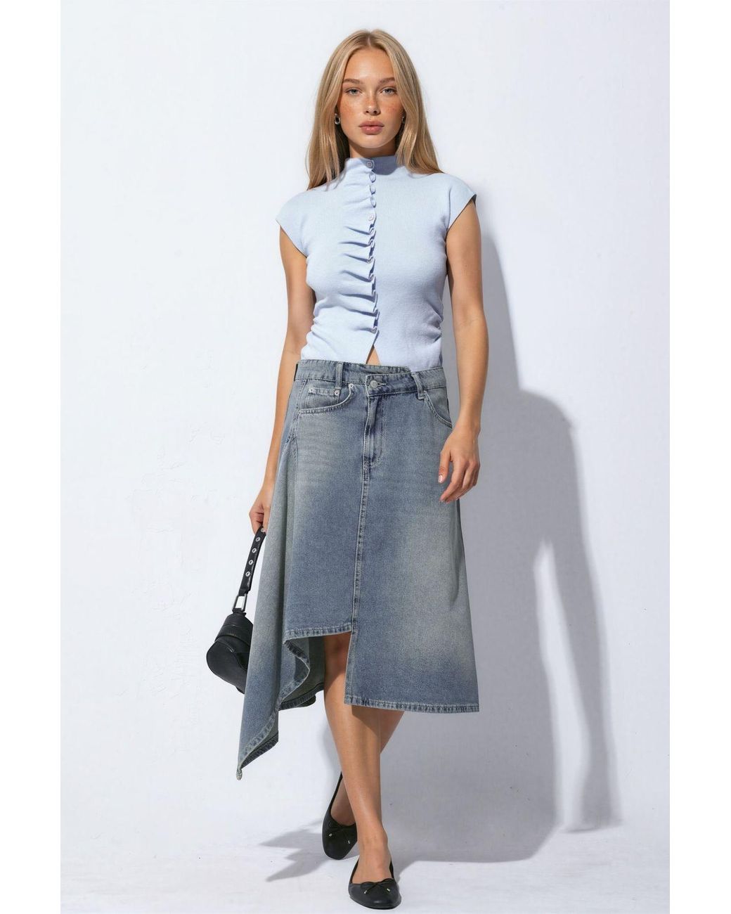 Hiccup Blue Asymmetric Wash Effect Denim Midi Skirt