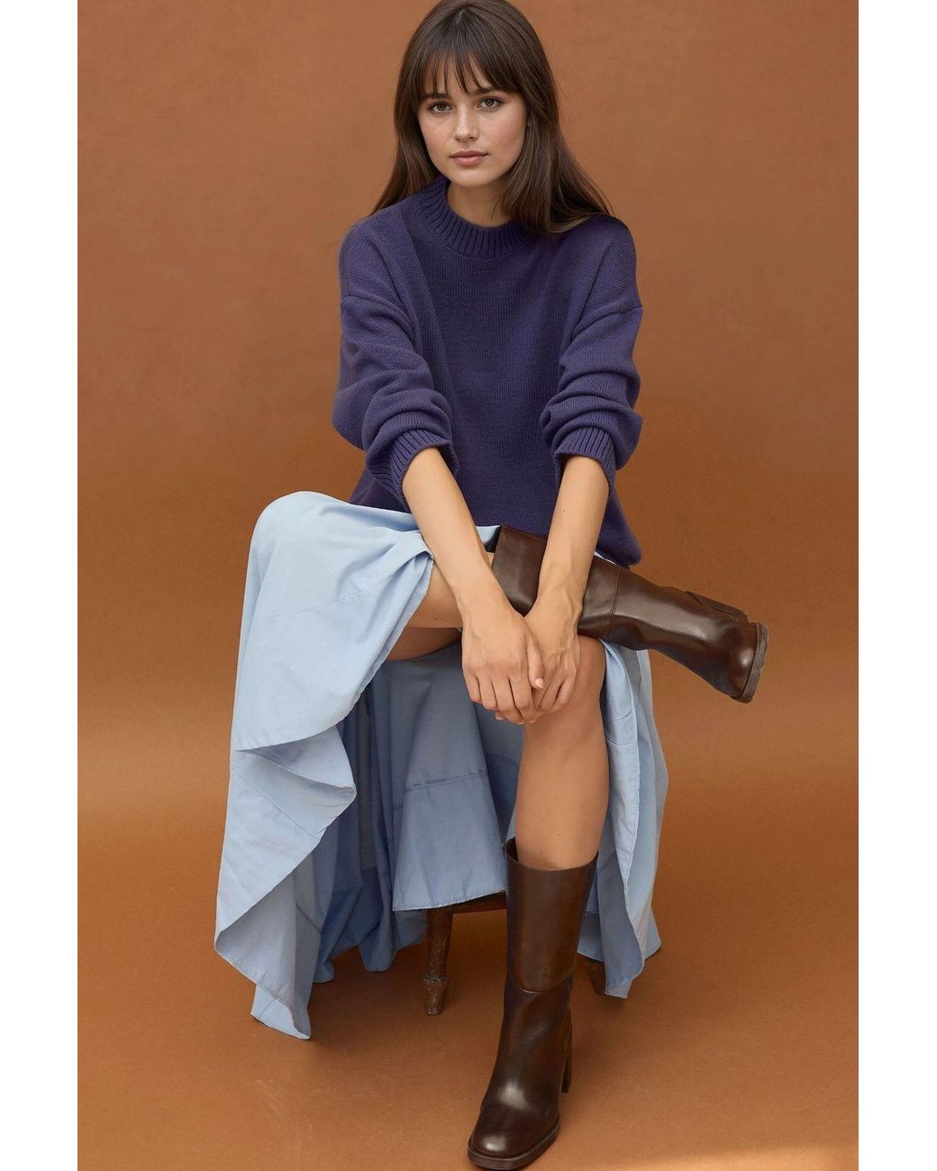 Hiccup Blue Thick Knit Crew Neck Long Sweater