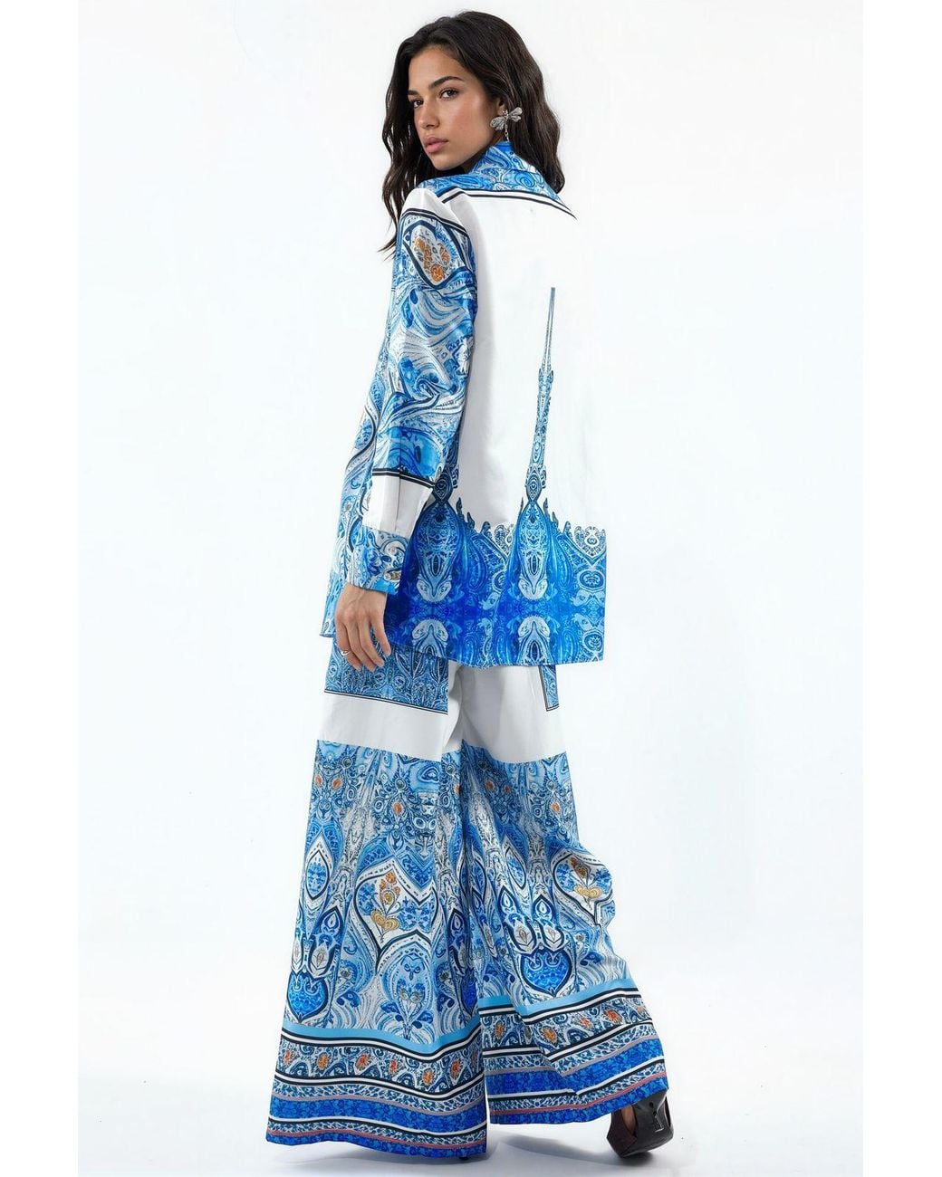 Msn-Collection Blue Geometric Shirt And Wide-Leg Trouser Set