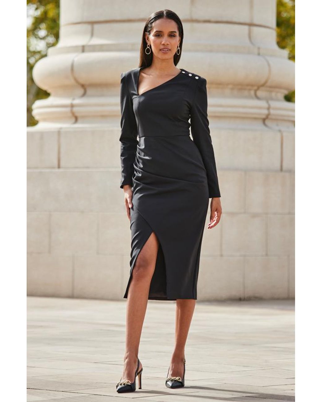 Sosandar Black Asymmetric Neckline Pencil Dress With Button Detail
