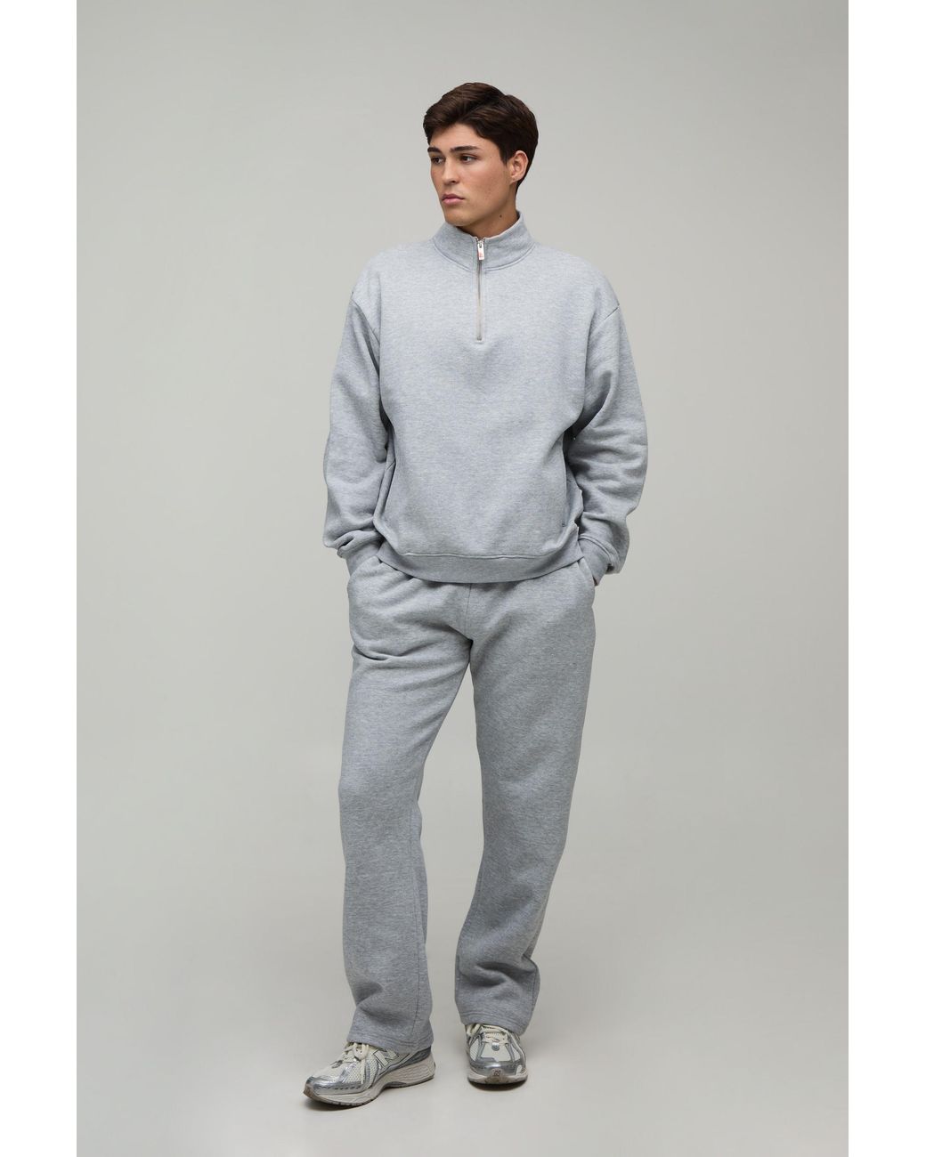 BoohooMAN Gray Oversized Boxy Quarter Zip Funnel Sweatshirt & Straight Jogger Tracksuit for men
