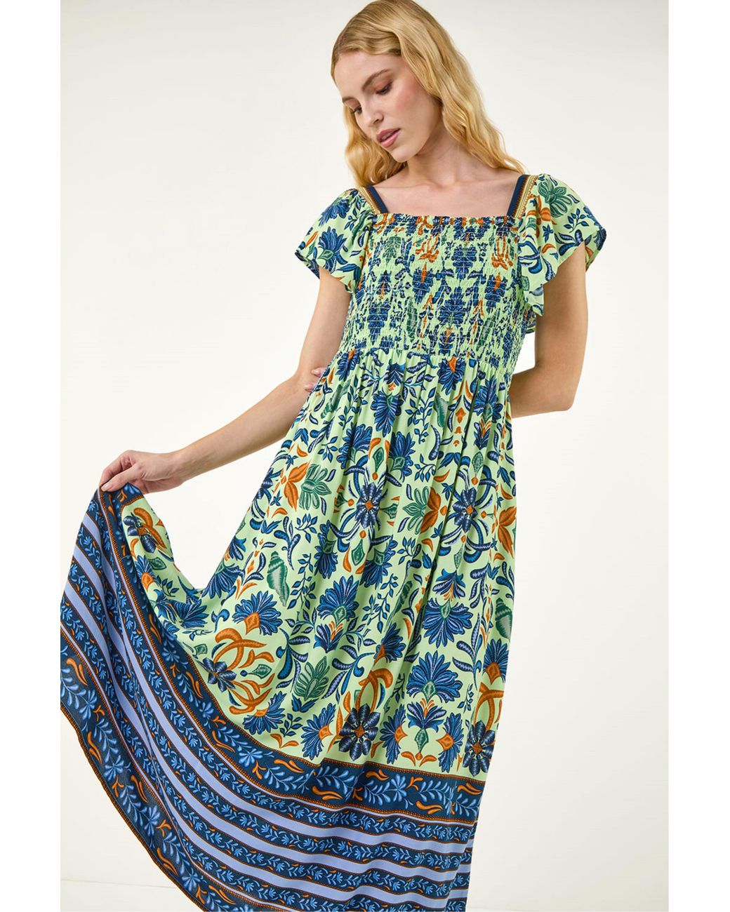 Roman Blue Leaf Border Midi Dress