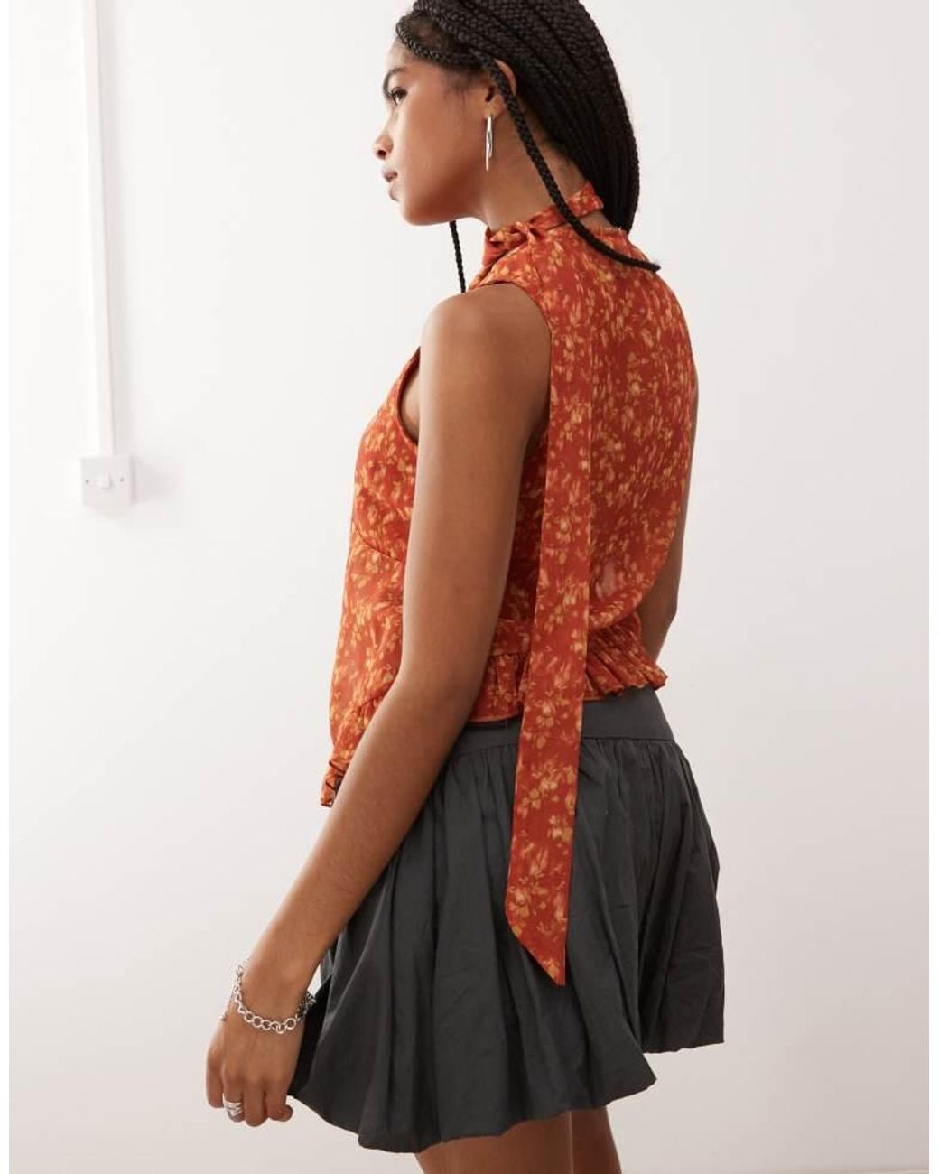 Reclaimed Vintage Brown Chiffon Floral Print Ruffle Tie Front Blouse With Matching Scarf