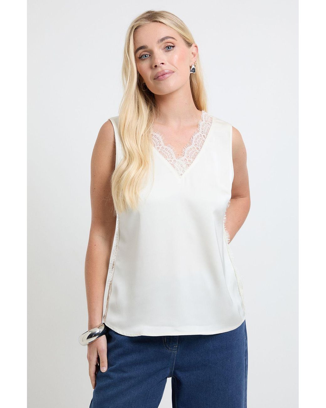 Wallis White Petite Lace Trim Cami Top