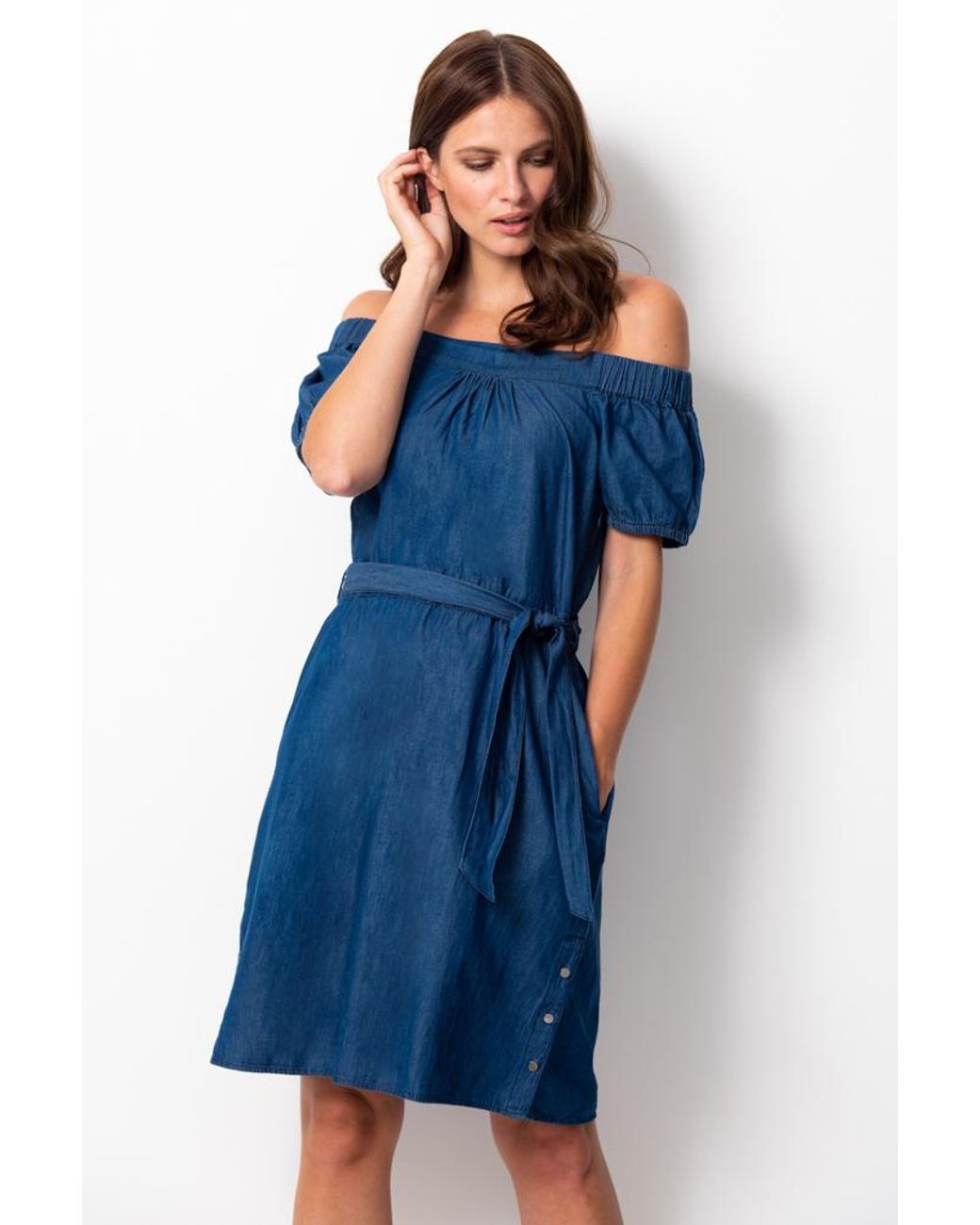 Sosandar Blue Denim Bardot Dress With Pockets