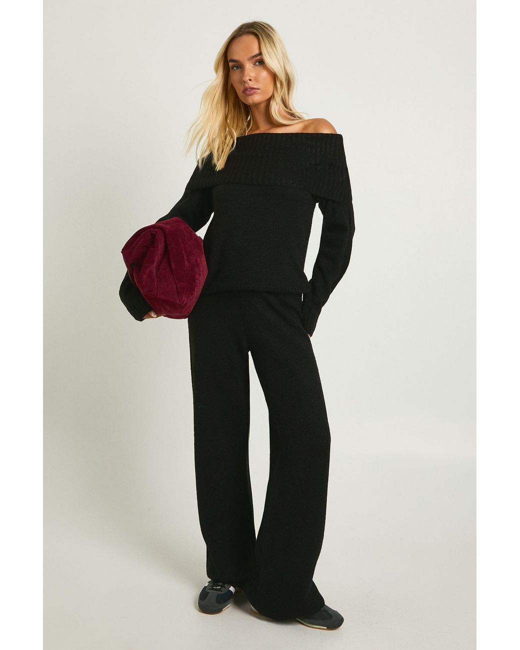 Boohoo Black Chunky Knitted Bardot Sweater And Straight Leg Trouser Co-Ord