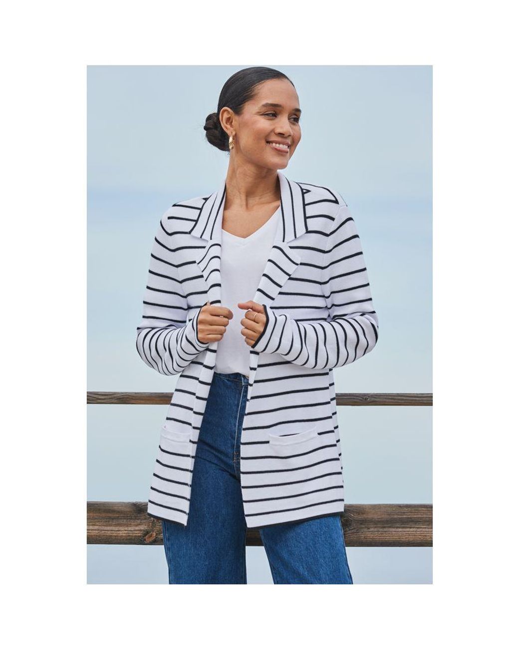 Sosandar Blue Stripe Print Knitted Blazer