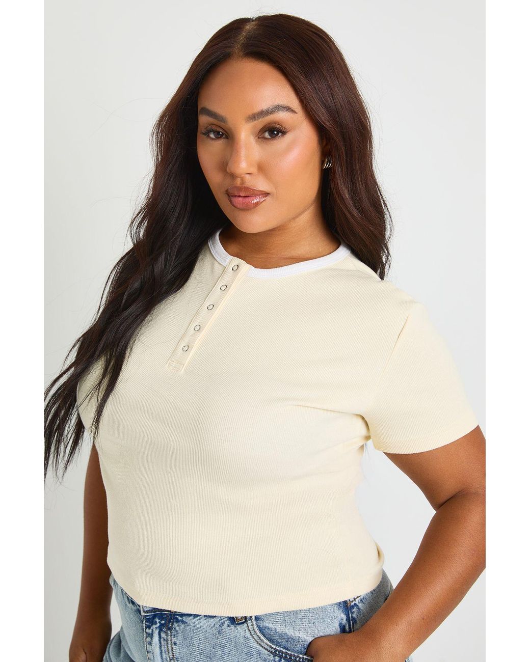 Boohoo Natural Plus Button Down Contrast Binding Top