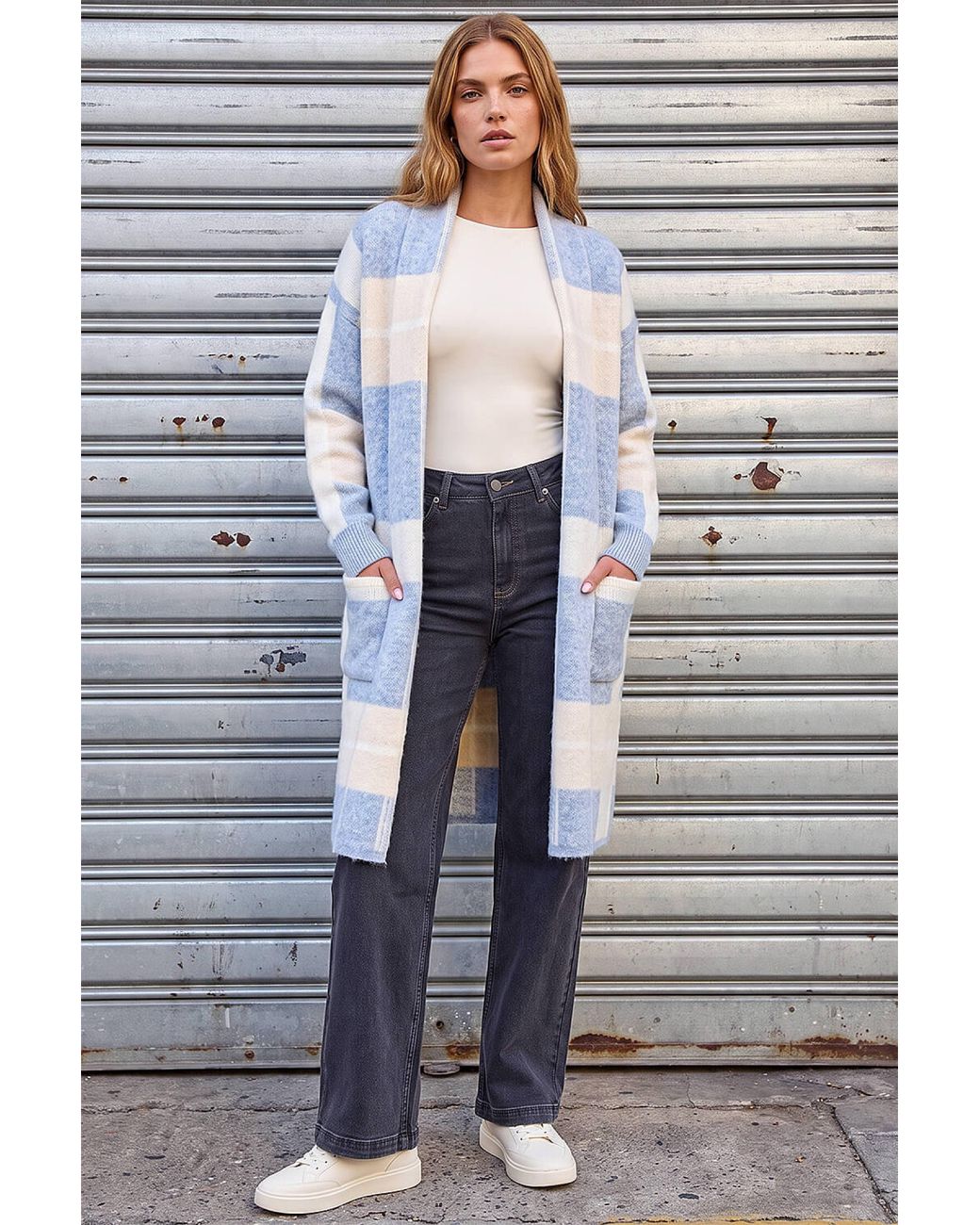 Roman Blue Check Longline Pocket Cardigan