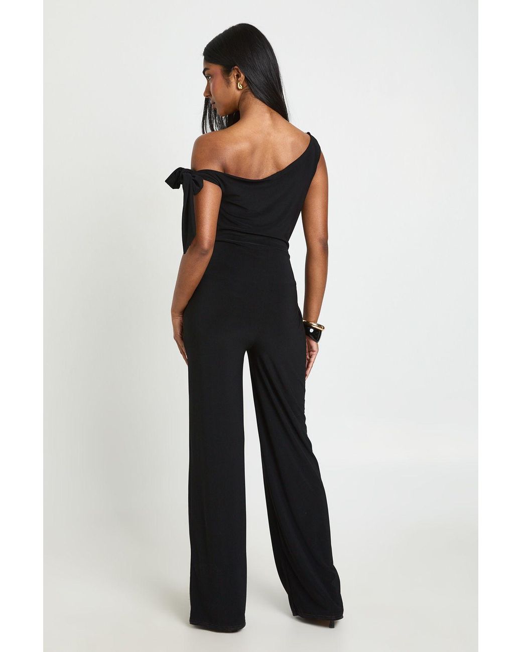 Boohoo Black Slinky Asym Shoulder Wide Leg Jumpsuit