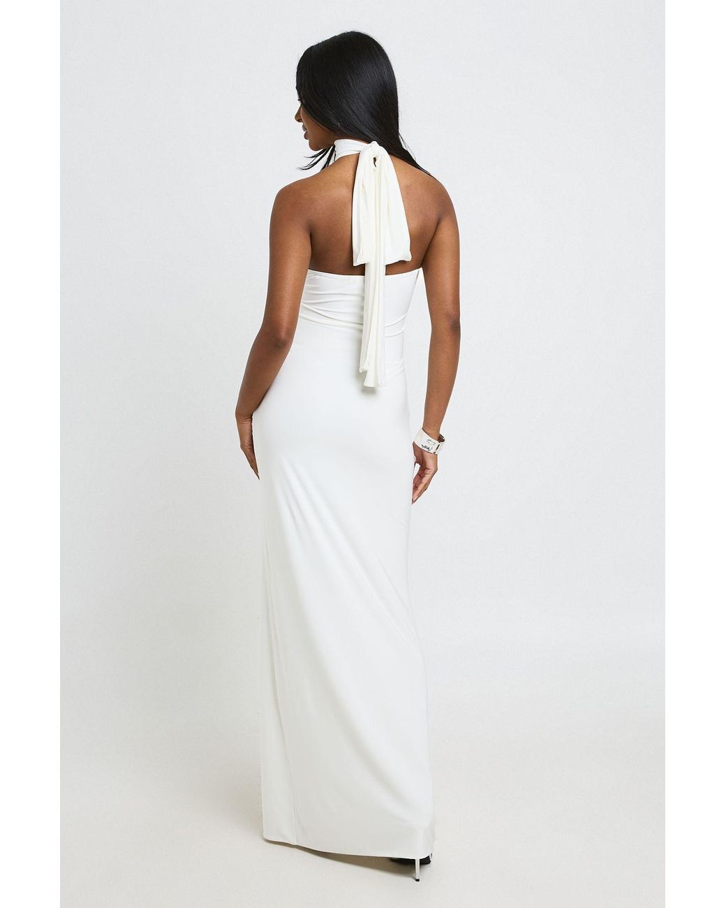 Boohoo White High Neck Scarf Wrap Waist Maxi Column Dress