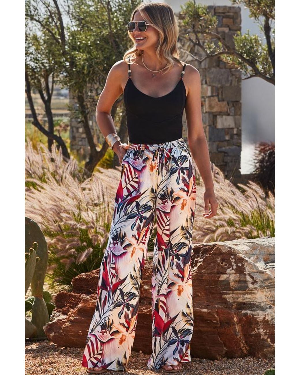 Sosandar White Ivory Tropical Print Premium Satin Wide Leg Trousers