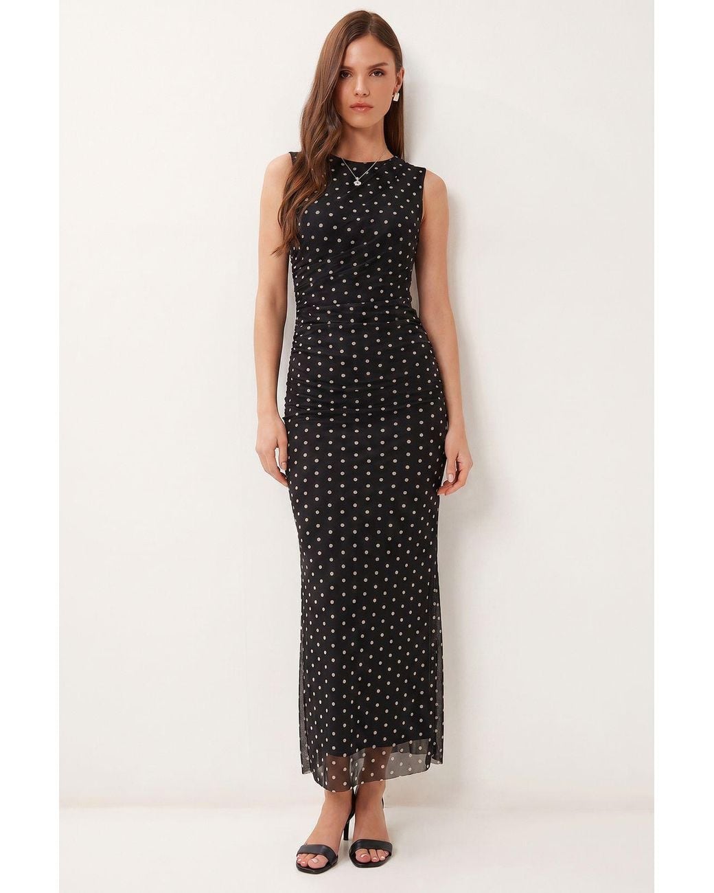 Happiness İstanbul Black Polka Dot Tulle Bodycon Midi Dress