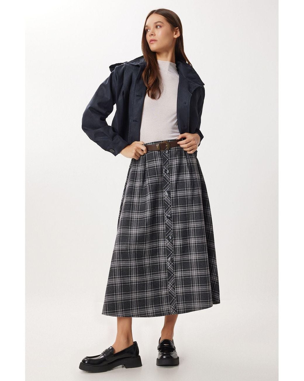 Happiness İstanbul Blue High Waist Midi Skirt With Button Closure