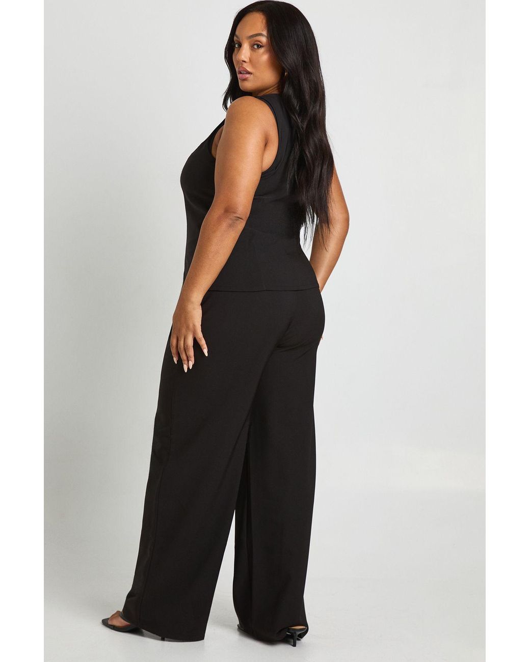 Boohoo Black Plus Asymmetric Trim Detail Waistcoat And Wide Leg Tailored Trouser Co Ord