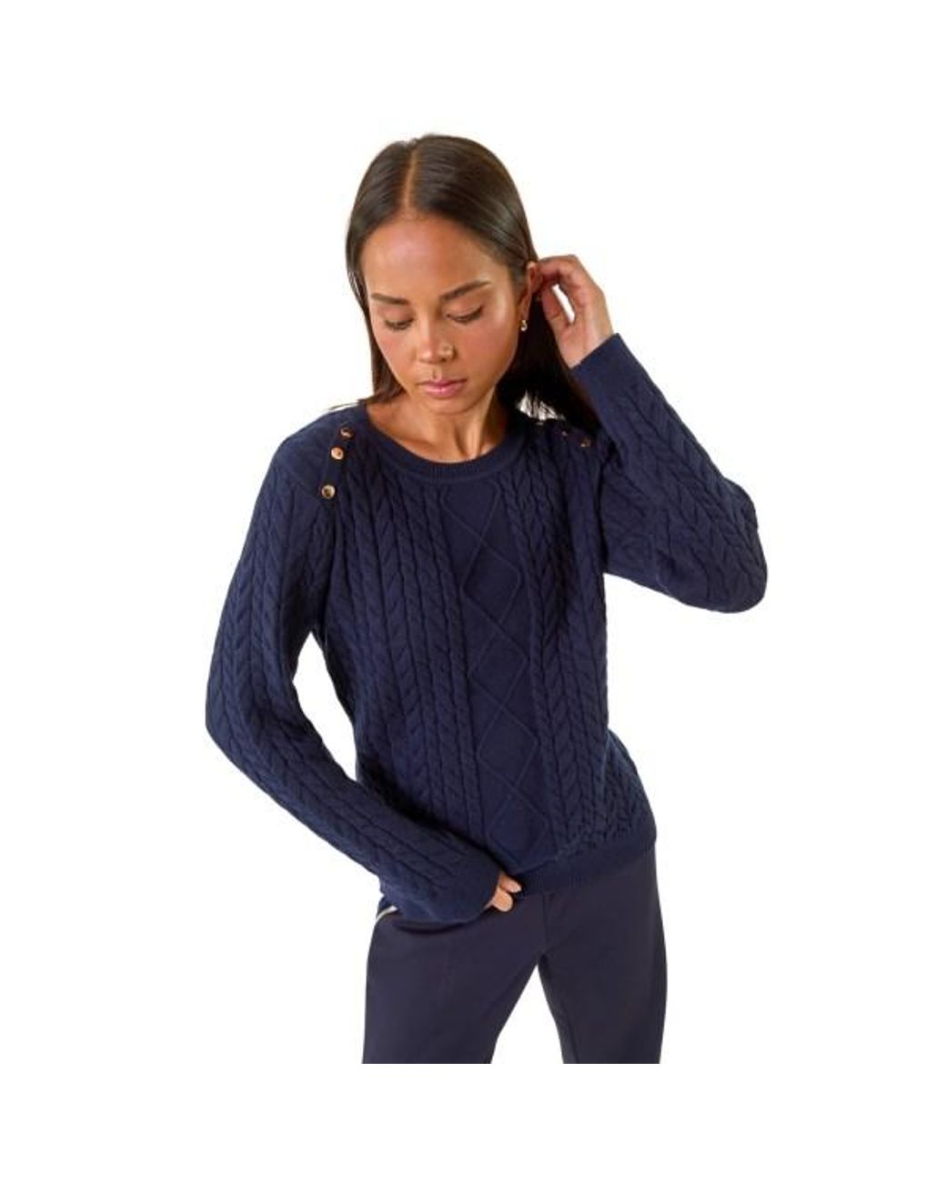 Roman Blue Petite Button Cable Knit Jumper