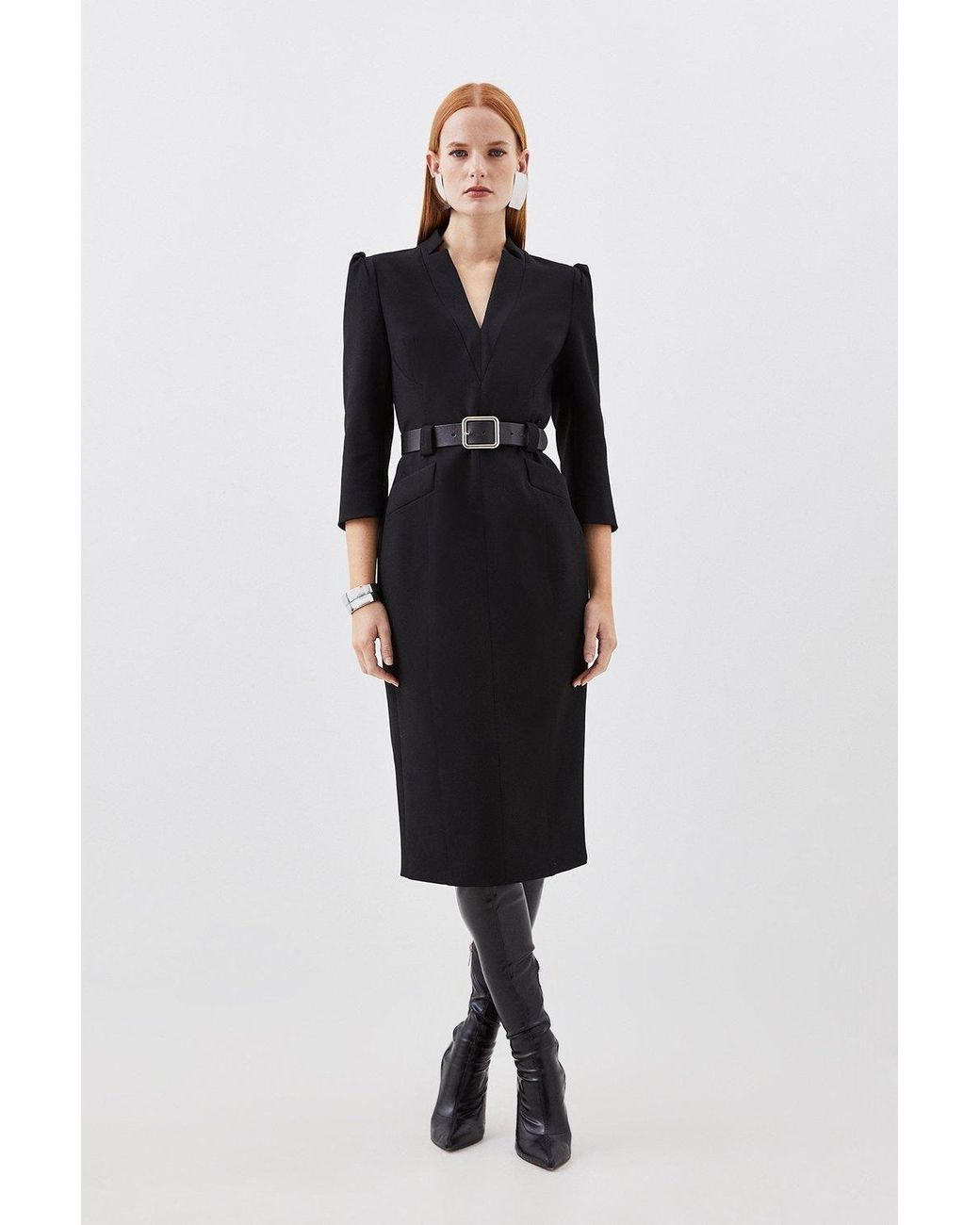 Karen Millen Black Compact Stretch Tailored Forever Belted Midi Dress