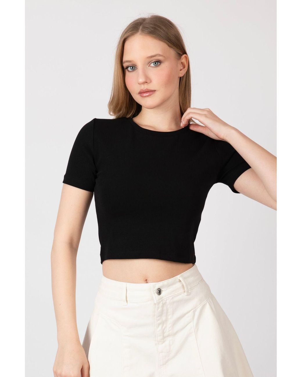Hiccup Crew Neck Basic Crop Top in het Black
