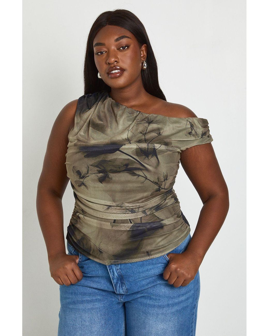Boohoo Black Plus Printed Asymmetric Ruched Top