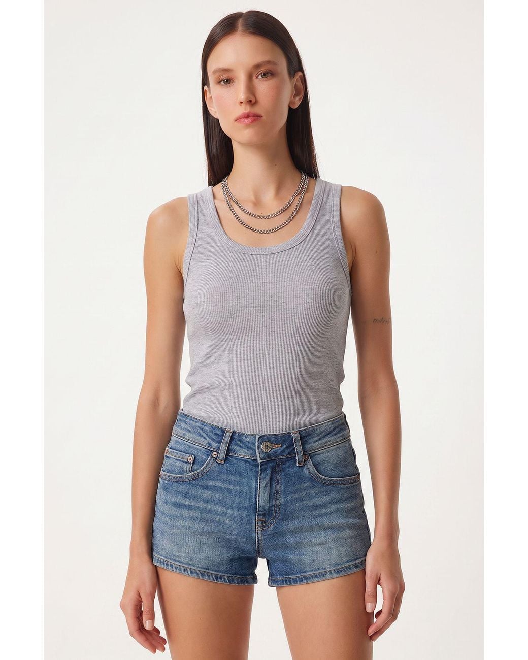 Happiness İstanbul Blue 3-Pack Ribbed Cotton Cami Tops