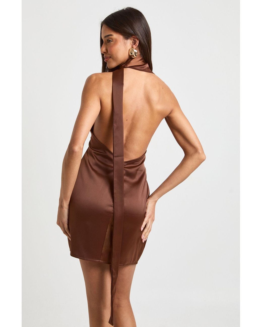 Boohoo Brown Satin & Lace Scarf Detail Mini Dress