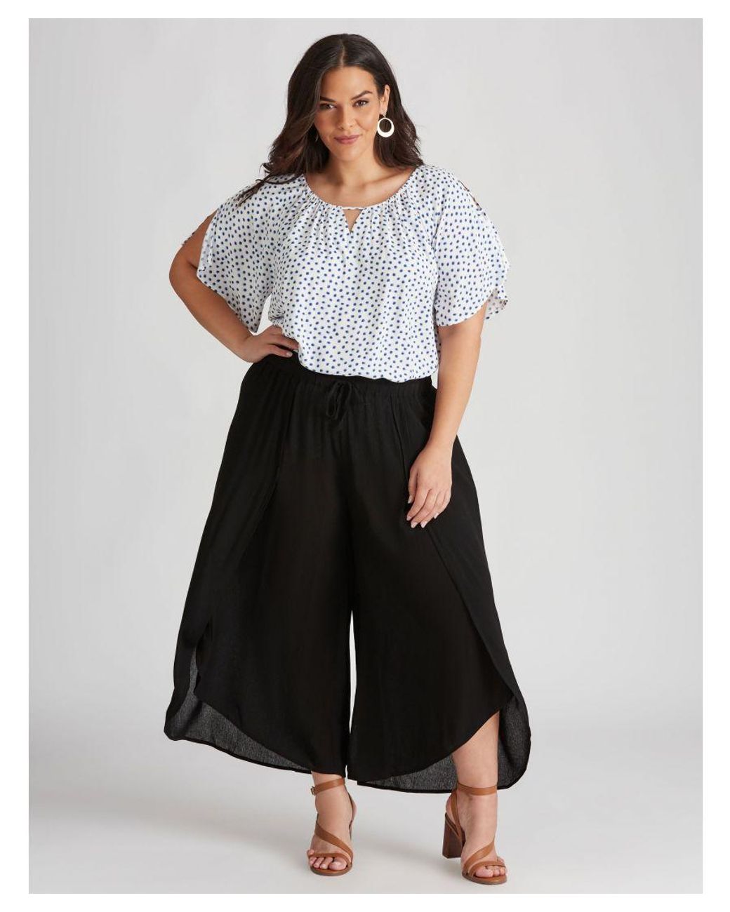 Woven Textured Tulip Pants Black Plus Size Viscose