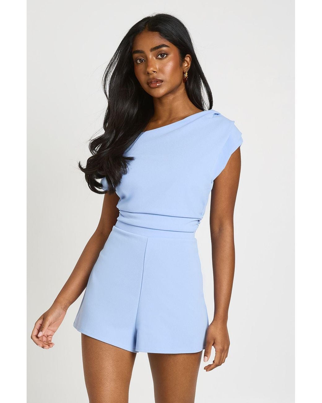 Boohoo Blue Jersey Crepe Drape Shoulder Playsuit
