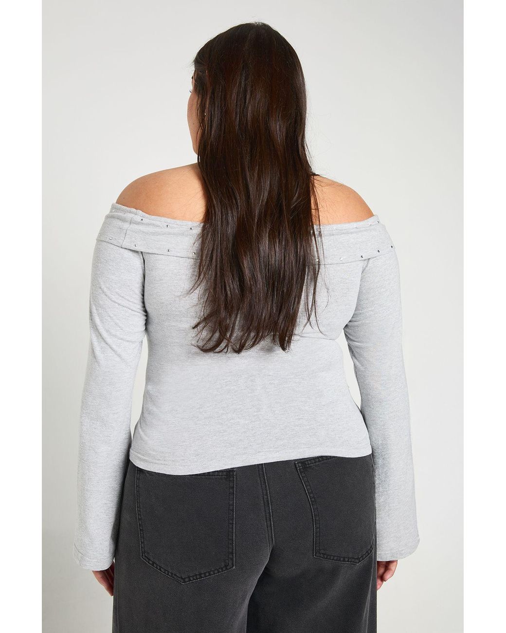 Boohoo Gray Plus Stud Detail Foldover Bardot Top