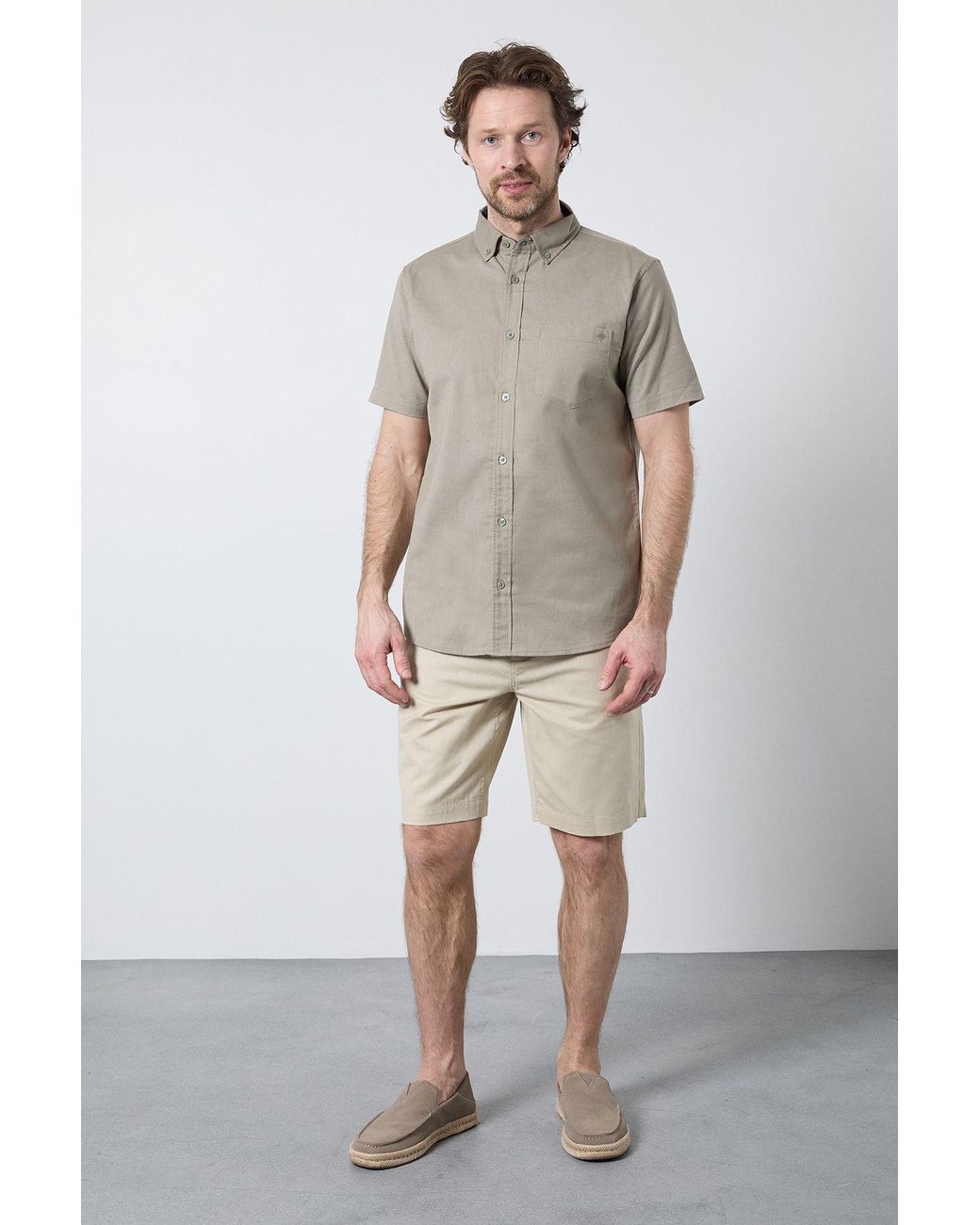 MAINE Green Short Sleeve Linen Blend Shirt Cotton for men
